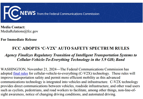 美国FCC正式划定5.9GHz频段用于C-V2X技术