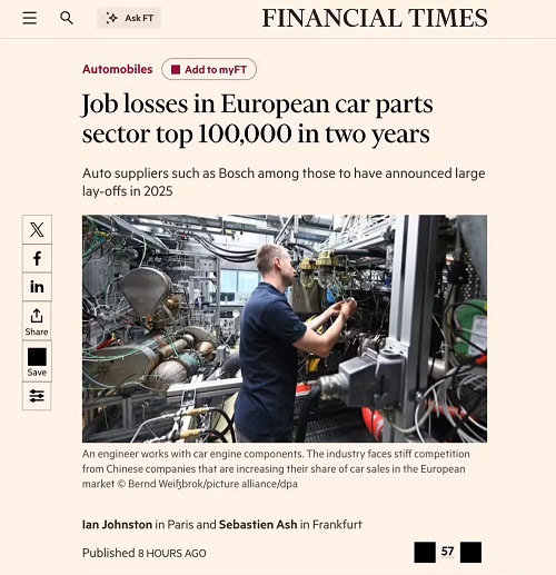 欧洲汽车零件行业持续失血 近两年裁员逾10万人